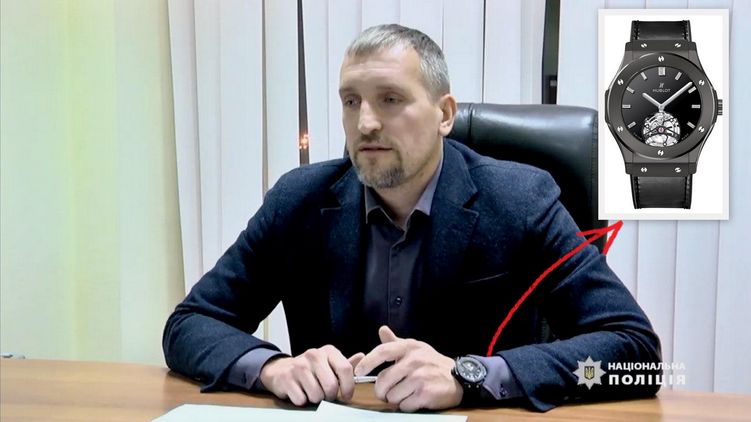 Денис Колесник носит часы Hublot, скрин с видео Нацполиции на YouTube