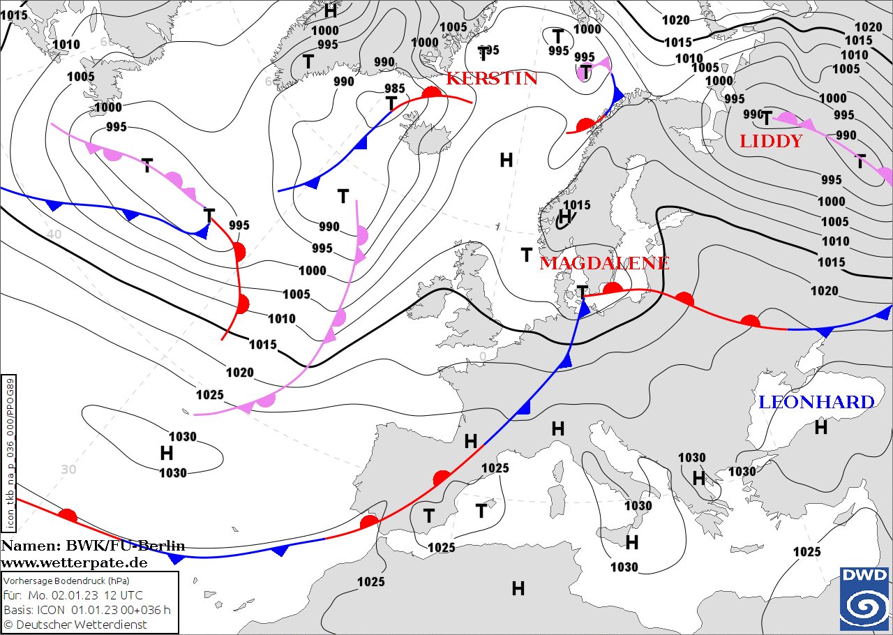 к Украине ближе будет сухой антициклон Leonhard, чем влажный циклон Magdalene