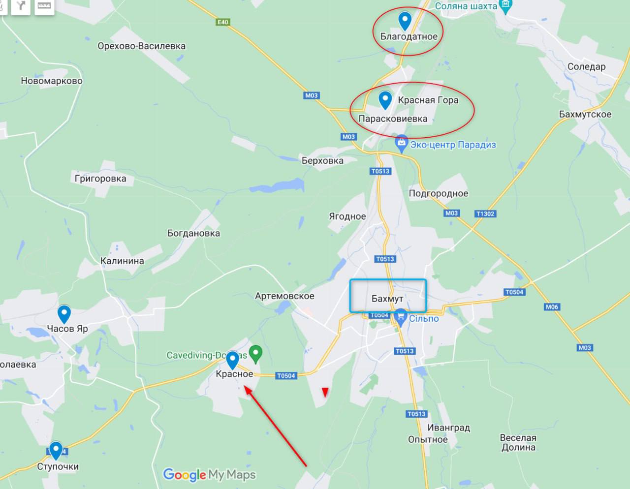 Благодатное расположено к северу от Красной Горы и Парасковиевки