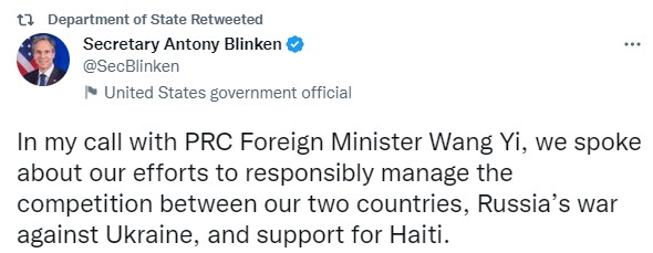 Блинкен обсудил с главой МИД Китая оотношения США и КНР и войну в Украине