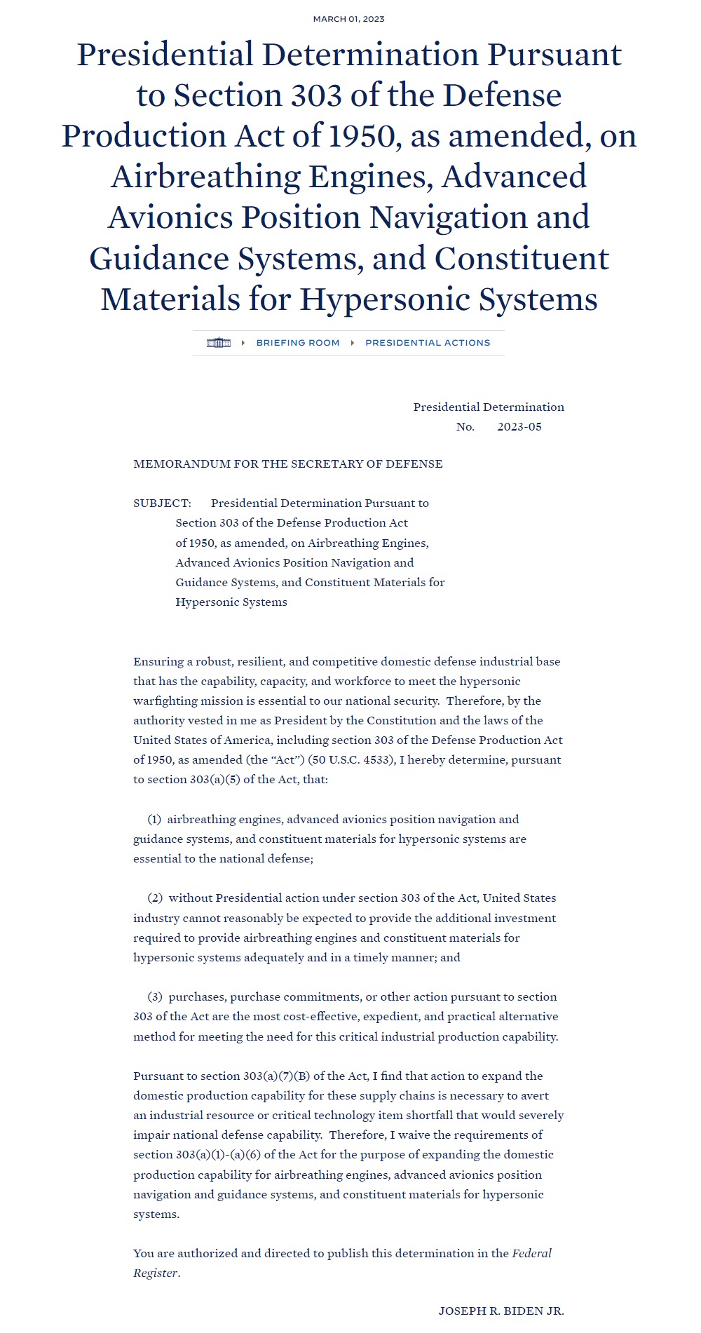 Байден отменил ограничения закона об оборонной продукции