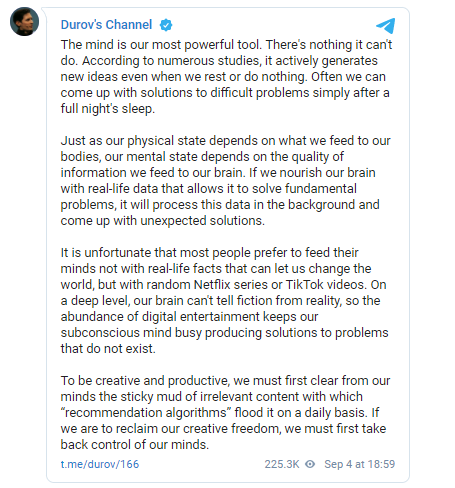 Дуров призвал сократить количество цифровых развлечений. Скриншот из телеграм-канала