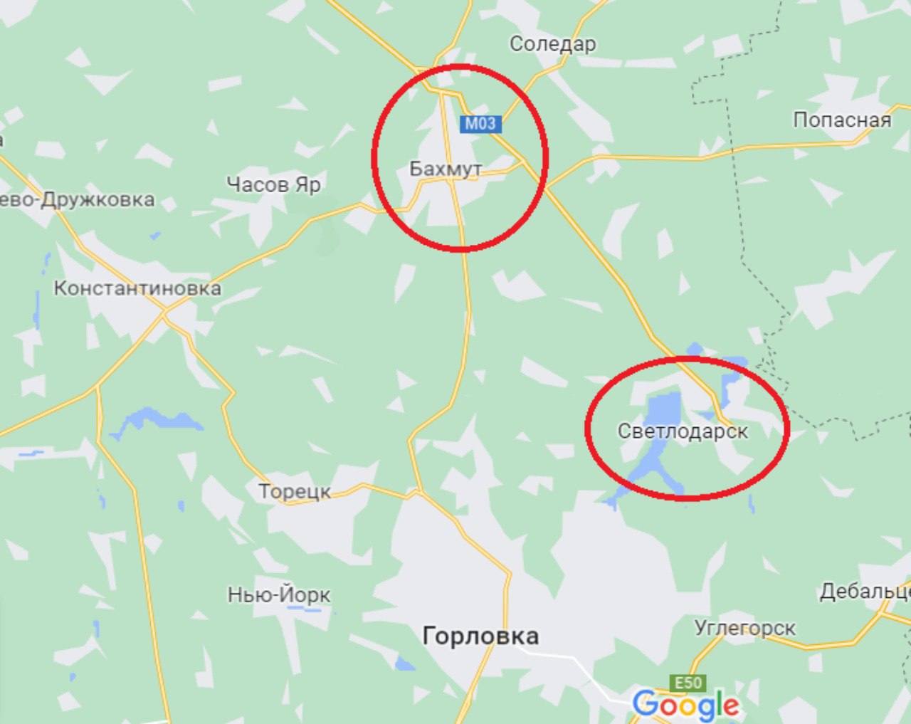 Карта Бахмут и Соледар