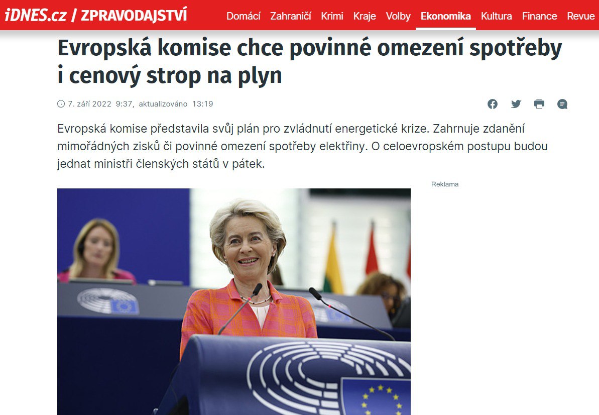 Глава Минпромторга Чехии Юзеф Сикела заявила, что не введение ограничений цен на российский газ не является целесообразной и эффективной мерой со стороны ЕС