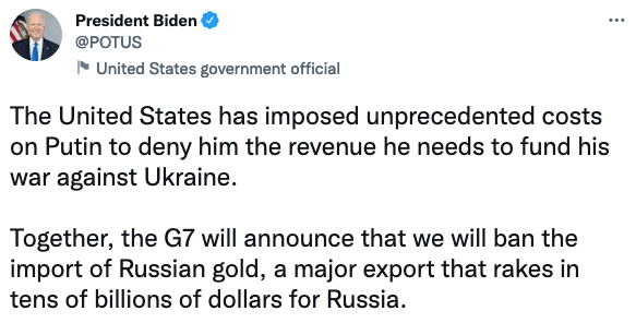 Байден о запрете импорта российского золота. Скриншот: twitter.com/POTUS