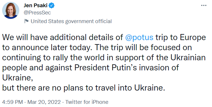 Псаки сообщила, что Байден не планирует ехать в Украину