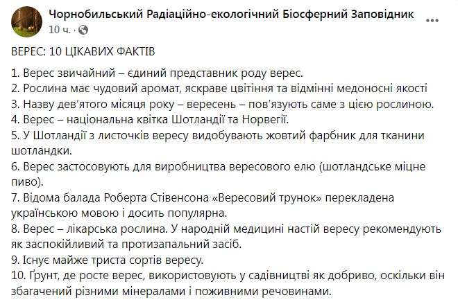 Скриншот из Фейсбука Чернобыльского заповедника