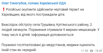 Олег Синегубов сообщил о том, что два человека погибли в результате обстрела села Грушевка Харьковской области