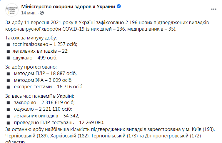 Скриншот из Фейсбук МОЗ