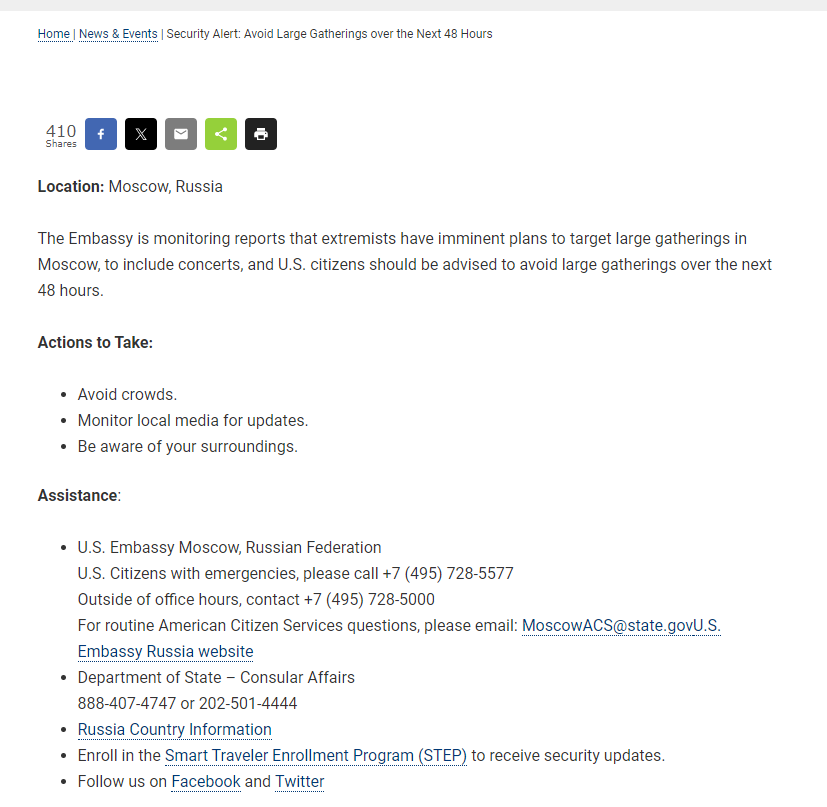 Посольство США в России предупредило об угрозе атак экстремистов в следующие 48 часов