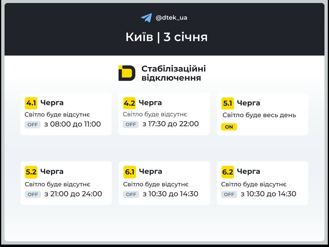 График отключения света на 3 января 2026 года в Киеве - ДТЭК