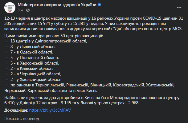 Как работали пункты вакцинации на выходных. Скриншот сообщения Минздрава