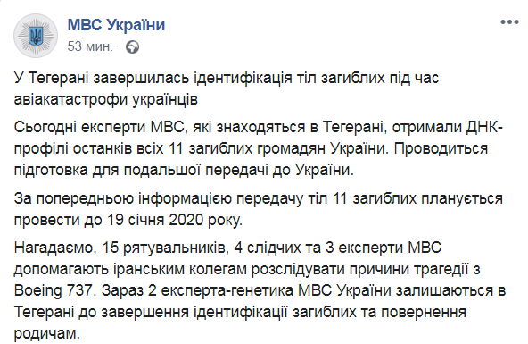 МВД Идентификация ДНК тел погибших украинцев в Иране