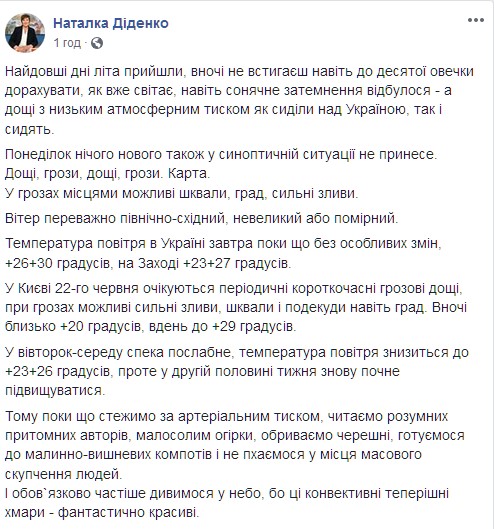 Погода на эту неделю от Натальи Диденко. Скриншот: facebook.com/tala.didenko