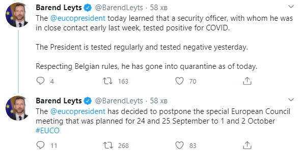 Президент Евросовета Шарль Мишель перед поездкой на Донбасс ушел на самоизоляцию. Скриншот: Лейтс в Твиттере