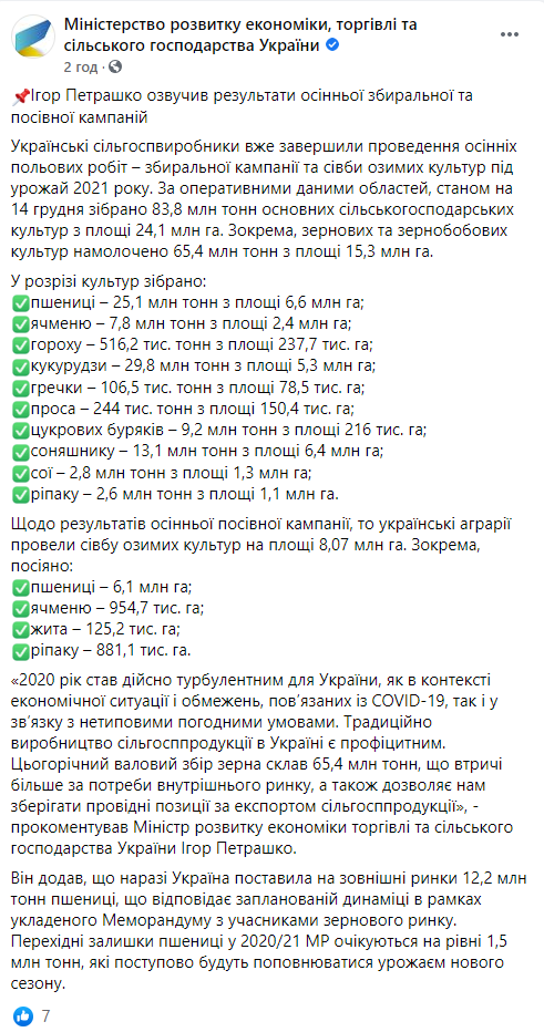 Урожай зерна в Украине стал самым бедным за последние годы. Скриншот: Минэкономики