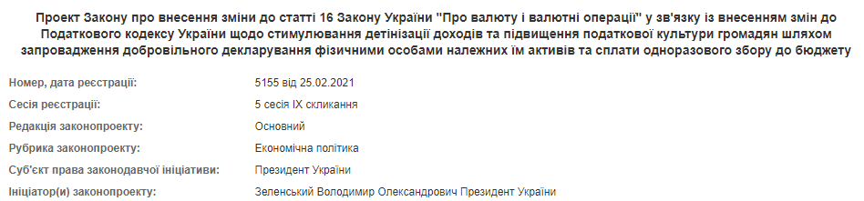 Зеленский внес в Раду законопроекты о налоговой амнистии. Скриншот: Рада