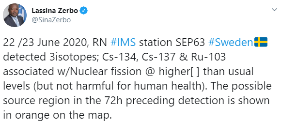 В России и странах Скандинавии зафиксирован выброс радиации. Скриншот: Лассина Зебро в Твиттер