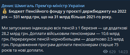 бюджет пенсионного фонда в проекте госбюджета на 2022 ожидается - 531 млрд грн, что на 31 млрд больше текущего года