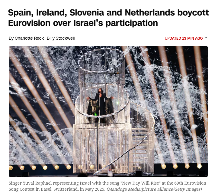 Знімок заголовка на edition.cnn.com - Країни Європи бойкотуватимуть участь Ізраїлю у конкурсі Євробачення-2026