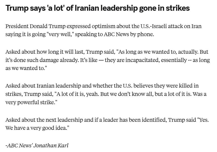 Снимок сообщения на abcnews.go.com – Трамп прокомментировал ход войны США с Ираном