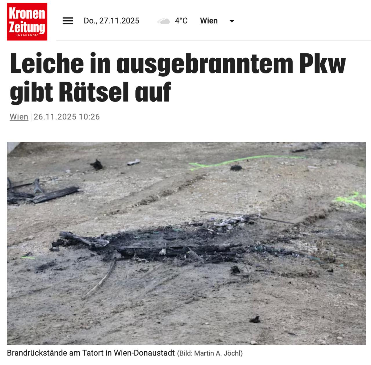 Снимок заголовка на krone.at - В Австрии избили и сожгли украинца в его машине