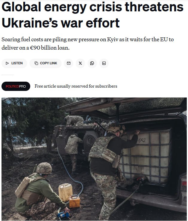 Знімок заголовка на politico.com &ndash; ЗСУ відчули нестачу палива через війну США з Іраном