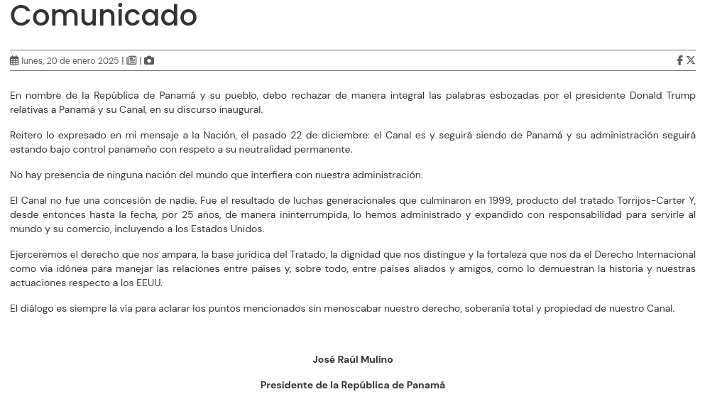 Знімок повідомлення на presidencia.gob.pa