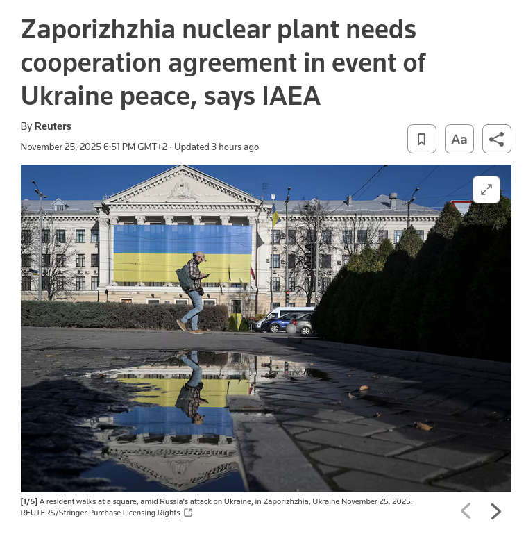 Снимок заголовка на reuters.com - МАГАТЭ предлагает особый статус для Запорожской АЭС после достижения мира 